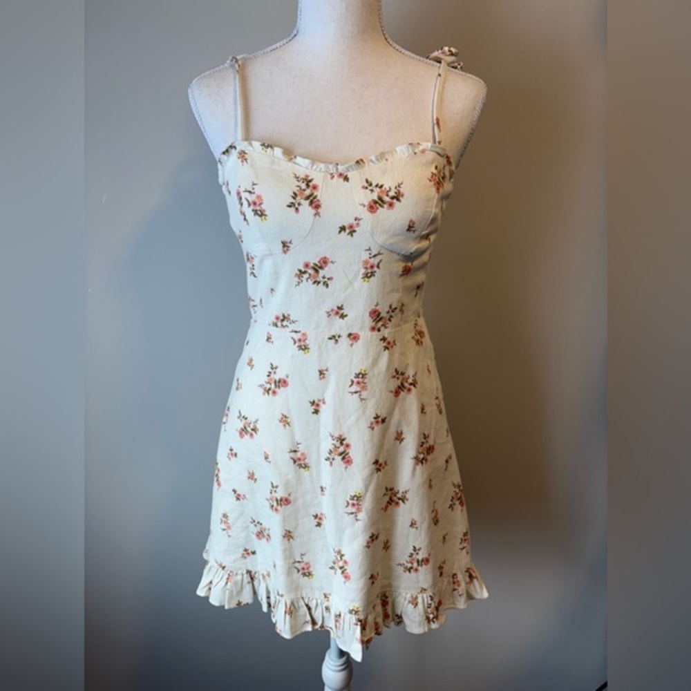 Mahina Cream Floral Linen-Blend Dress – Bustier Top, Smocked Back, Size Small